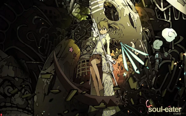 HD desktop wallpaper featuring an intricate, dark-themed anime artwork from the series Soul Eater. The central figure wields a scythe with bright light effects, surrounded by mysterious mechanical elements.
