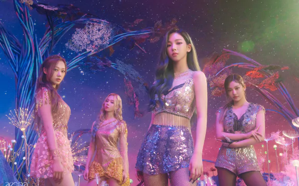A vibrant HD wallpaper featuring Aespa members Ningning, Winter, Giselle, and Karina in shimmering outfits against a cosmic, neon-lit background.