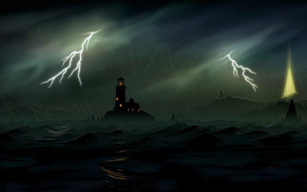 Fantasy Ocean Lighthouse Lightning HD Wallpaper | Background Image