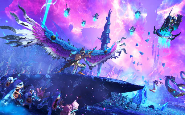 HD PC desktop wallpaper for the video game Total War: Warhammer III — a vibrant purple sky over crystal-strewn floating islands as a colossal winged warrior leads an airborne assault.
