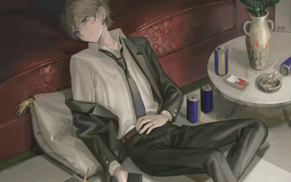 4K Ultra HD PC desktop wallpaper: anime boy in a school uniform reclining on a sofa with loosened tie, moody lighting, nearby table with drinks and a vase.