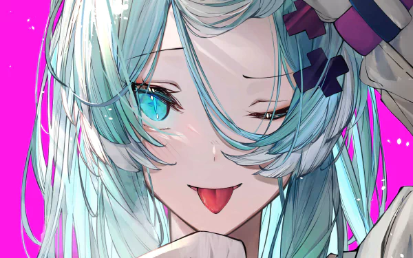 Elira Pendora (Nijisanji) anime Virtual Youtuber close-up — teal hair, winking with tongue out against vivid pink; HD PC desktop wallpaper and background.