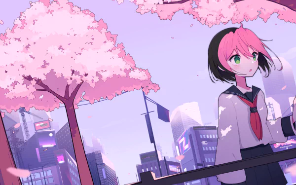 HD PC desktop wallpaper featuring an anime-style character and cherry blossom trees, inspired by the video game Osu! with vibrant cityscape elements.