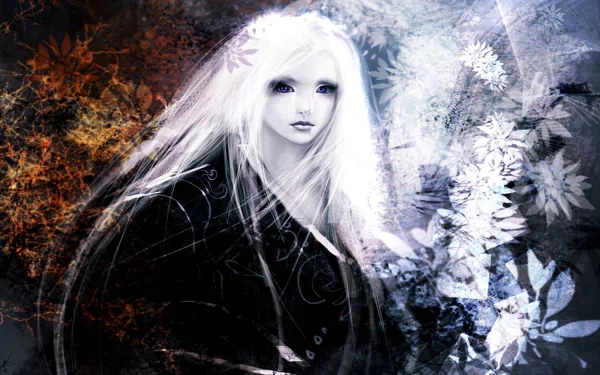 HD fantasy desktop wallpaper depicting a mystical woman with long white hair, surrounded by abstract foliage and vibrant colors.