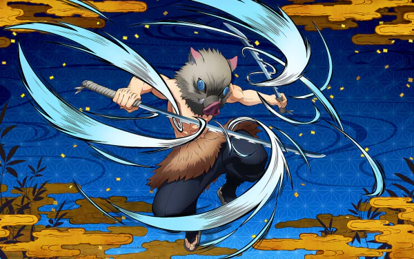 HD PC desktop wallpaper featuring Inosuke Hashibira from Demon Slayer: Kimetsu no Yaiba – The Hinokami Chronicles, depicted in dynamic action with swirling water effects.