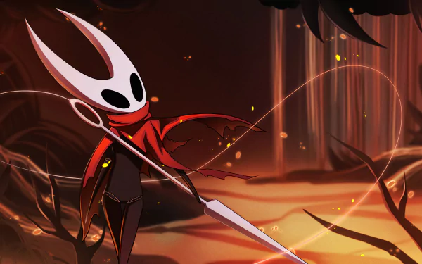 4K Ultra HD Hollow Knight video game wallpaper featuring the main character wielding a spear in a dark, fiery cavern setting.