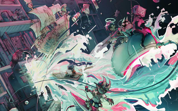 Anime Original gamer 2K Quad HD PC desktop wallpaper/background: explosive neon scene with characters surfing paint waves, floating books and gaming gear.