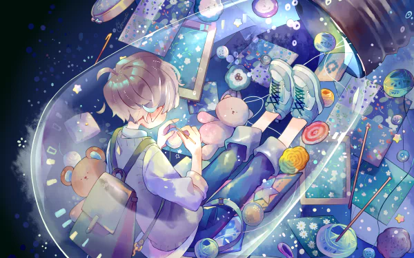 HD anime desktop wallpaper depicting a boy surrounded by glowing light bulbs and whimsical objects, creating a dreamy, ethereal atmosphere.