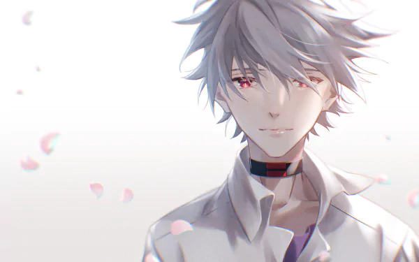 HD PC desktop wallpaper of Kaworu Nagisa (Neon Genesis Evangelion): soft-lit portrait with silver hair, red eyes, open white shirt and drifting cherry blossom petals.
