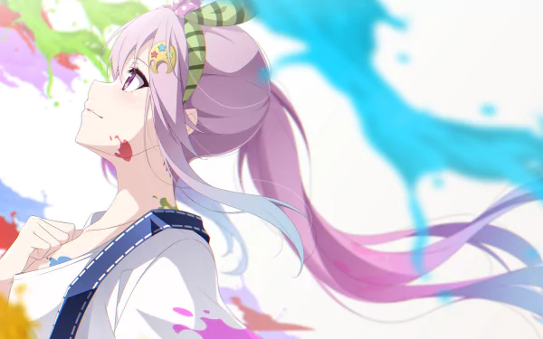 HD desktop wallpaper featuring Airani Iofifteen, a vibrant anime-style Virtual YouTuber from hololive, with flowing pink hair against a bright, colorful background.