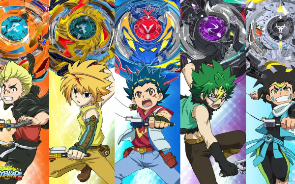 HD PC desktop wallpaper featuring vibrant anime characters and Beyblade Burst spinning tops in dynamic action poses with colorful backgrounds.
