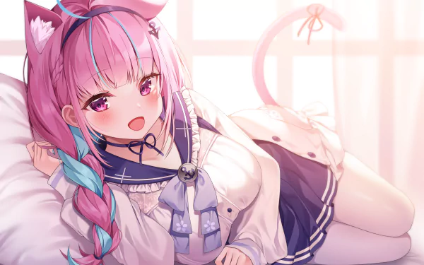 HD PC desktop wallpaper/background of hololive Virtual YouTuber Minato Aqua — pink-and-teal braided hair, cat ears, sailor outfit, reclining in warm sunlight (anime).