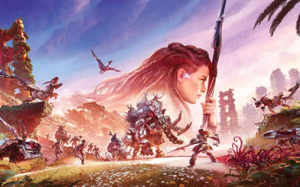 Aloy from Horizon Forbidden West stands ready with her spear amid a vibrant, futuristic landscape, featuring robotic creatures and lush scenery in this 4K Ultra HD PC wallpaper.