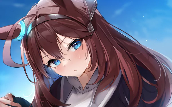 Close-up of Mihono Bourbon from Uma Musume: Pretty Derby — blue-eyed anime girl with long brown hair and ear-like headgear against a bright sky. 2K Quad HD PC desktop wallpaper.