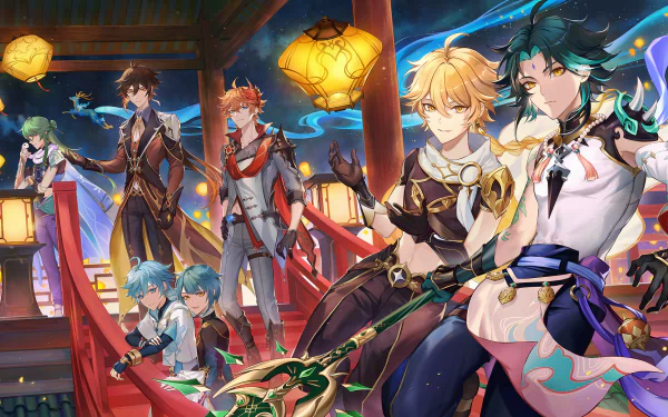 HD PC desktop wallpaper featuring Genshin Impact characters Tartaglia, Zhongli, Xingqiu, Xiao, Chongyun, Baizhu, and Aether in a vibrant lantern-lit scene.