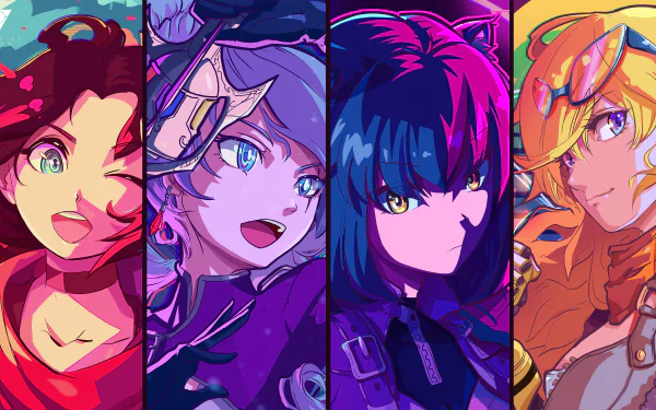 4K Ultra HD anime wallpaper featuring Ruby Rose, Weiss Schnee, Blake Belladonna, and Yang Xiao Long from RWBY in vibrant, dynamic close-up portraits.