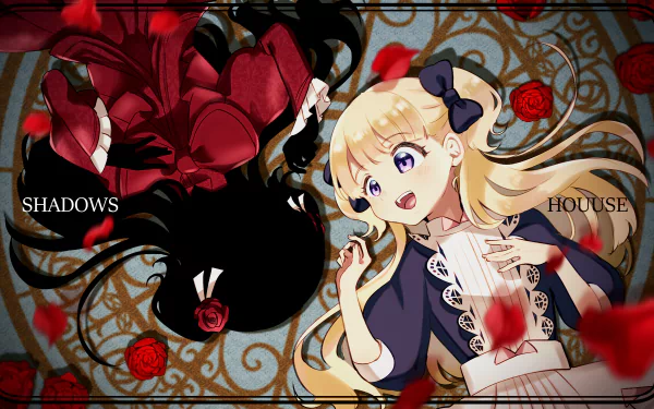 HD anime desktop wallpaper of Kate and Emilico from Shadows House: blonde Emilico smiling beside her dark, shadowy counterpart, surrounded by red roses and ornate filigree.