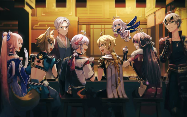 HD PC desktop wallpaper featuring Thoma, Sangonomiya Kokomi, Paimon, Kaedehara Kazuha, Gorou, Beidou, and Aether from the video game Genshin Impact.