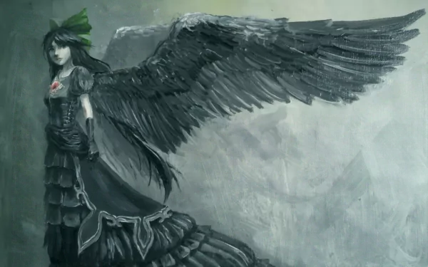 A stunning HD anime wallpaper featuring Utsuho Reiuji with long black hair and majestic wings, showcasing her powerful and enigmatic presence against a muted background.