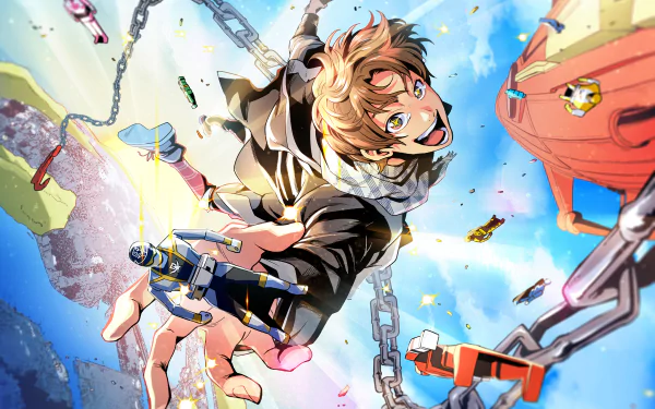 Vibrant 2K Quad HD PC desktop wallpaper of anime Gai Ikari from Kaizoku Sentai Gokaiger, soaring with chains, scattered ranger gear and a bright sky.