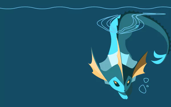 Minimalist 4K Ultra HD PC desktop wallpaper of Vaporeon (Pokémon) diving downward in stylized flat shapes on a teal background with ripples and bubbles — video game/Pokémon minimalist gaming art.
