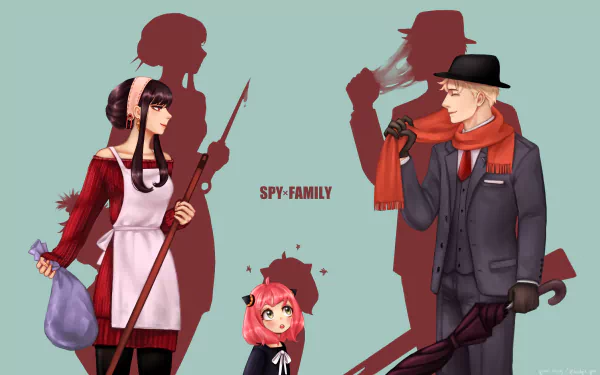 HD desktop wallpaper featuring Yor Forger, Loid Forger, and Anya Forger from the anime Spy x Family. The background showcases shadows of their secret identities, adding intrigue to the family dynamic.