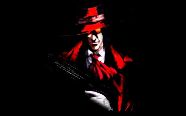 HD desktop wallpaper featuring Alucard from the anime Hellsing, showcasing a dark, intense background with vivid red highlights in Alucard's outfit against a shadowy backdrop.
