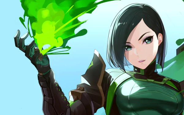 Viper (Valorant) in a green tactical suit, unleashing neon-green toxin from her gloved hand — stylized HD PC desktop wallpaper background from the Valorant video game.