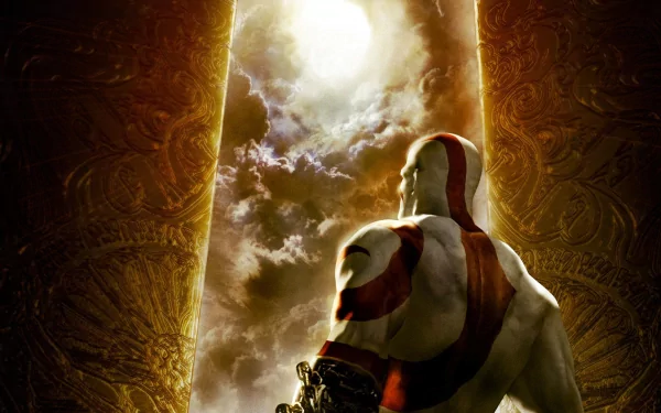 A powerful scene from God of War III featuring Kratos, backlit by a dramatic sky and gold pillars, serves as an engaging HD PC desktop wallpaper and background.