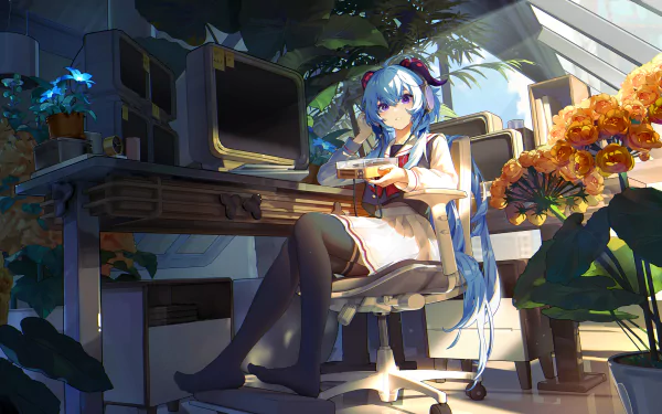 HD desktop wallpaper of Ganyu from Genshin Impact sitting at a desk with a peaceful, sunlit background, surrounded by plants and vibrant flowers.