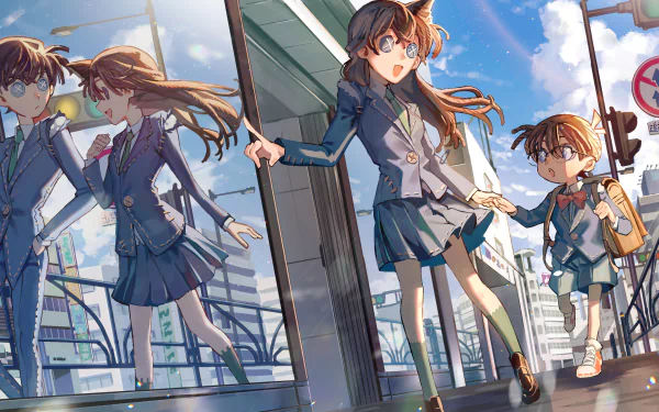 HD anime desktop wallpaper featuring Mouri Ran and Conan Edogawa from Detective Conan, set in an urban environment with dynamic movement and bright daylight.