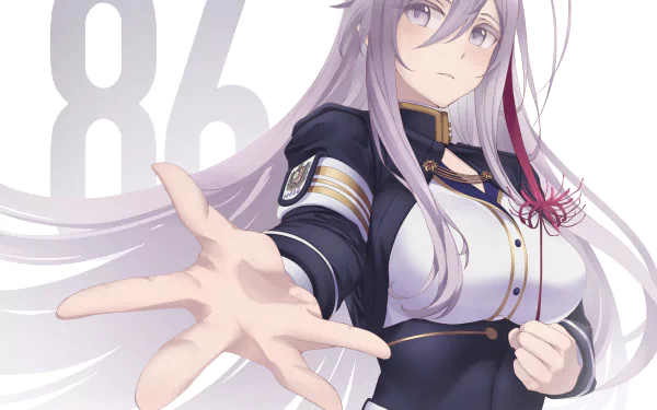 Vladilena Milizé from the anime Eighty Six, depicted in a detailed 4K Ultra HD PC desktop wallpaper with soft colors and an outstretched hand pose.