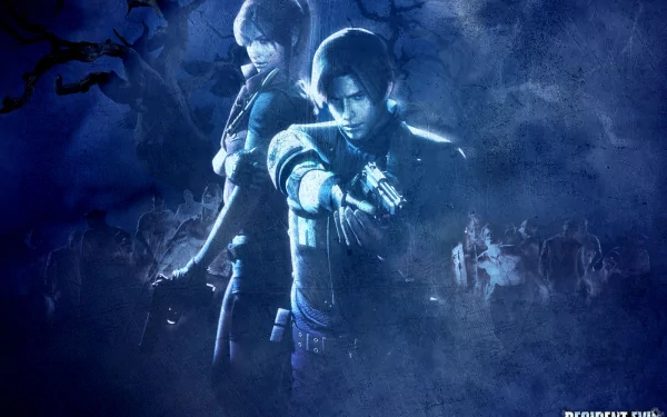 HD desktop wallpaper featuring Leon S. Kennedy and Claire Redfield from Resident Evil: The Darkside Chronicles, showcasing an intense, dark atmosphere with a blue color scheme.