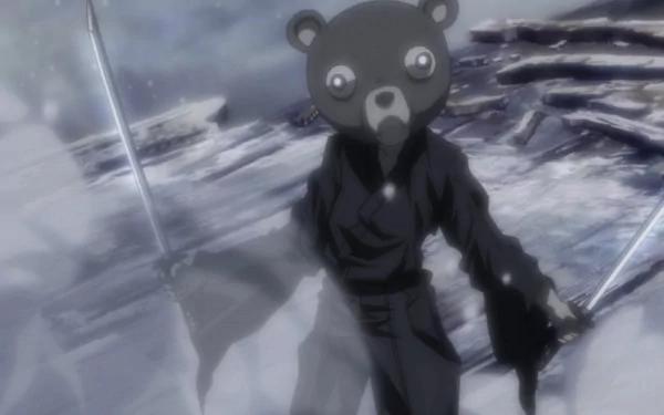 Kuma (Afro Samurai) anime: bear-masked warrior in dark robe wielding twin swords amid snowy ruins — HD PC desktop wallpaper background.