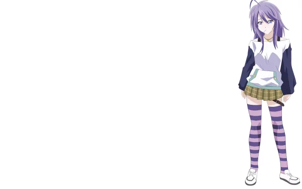 HD PC desktop wallpaper featuring Mizore Shirayuki from the anime Rosario + Vampire, showcasing her distinctive purple hair and striped stockings on a white background.