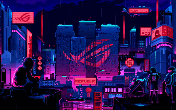 Pixel art 4K Ultra HD wallpaper showcasing a neon-lit cityscape with prominent Asus ROG branding and futuristic technology elements.
