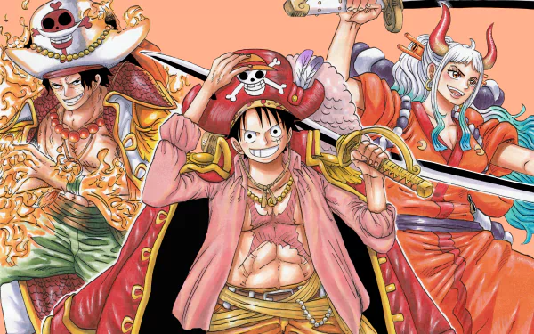 HD anime wallpaper featuring Monkey D. Luffy, Portgas D. Ace, and Yamato from One Piece: Two Years Later, showcasing dynamic poses and vibrant colors.