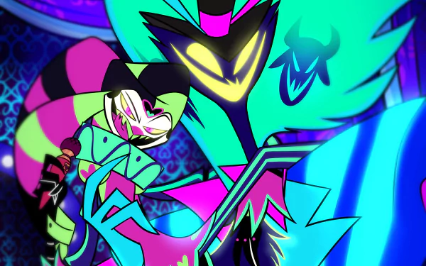 HD PC desktop wallpaper featuring Fizzarolli and Asmodeus from the TV show Helluva Boss in vibrant, neon colors.