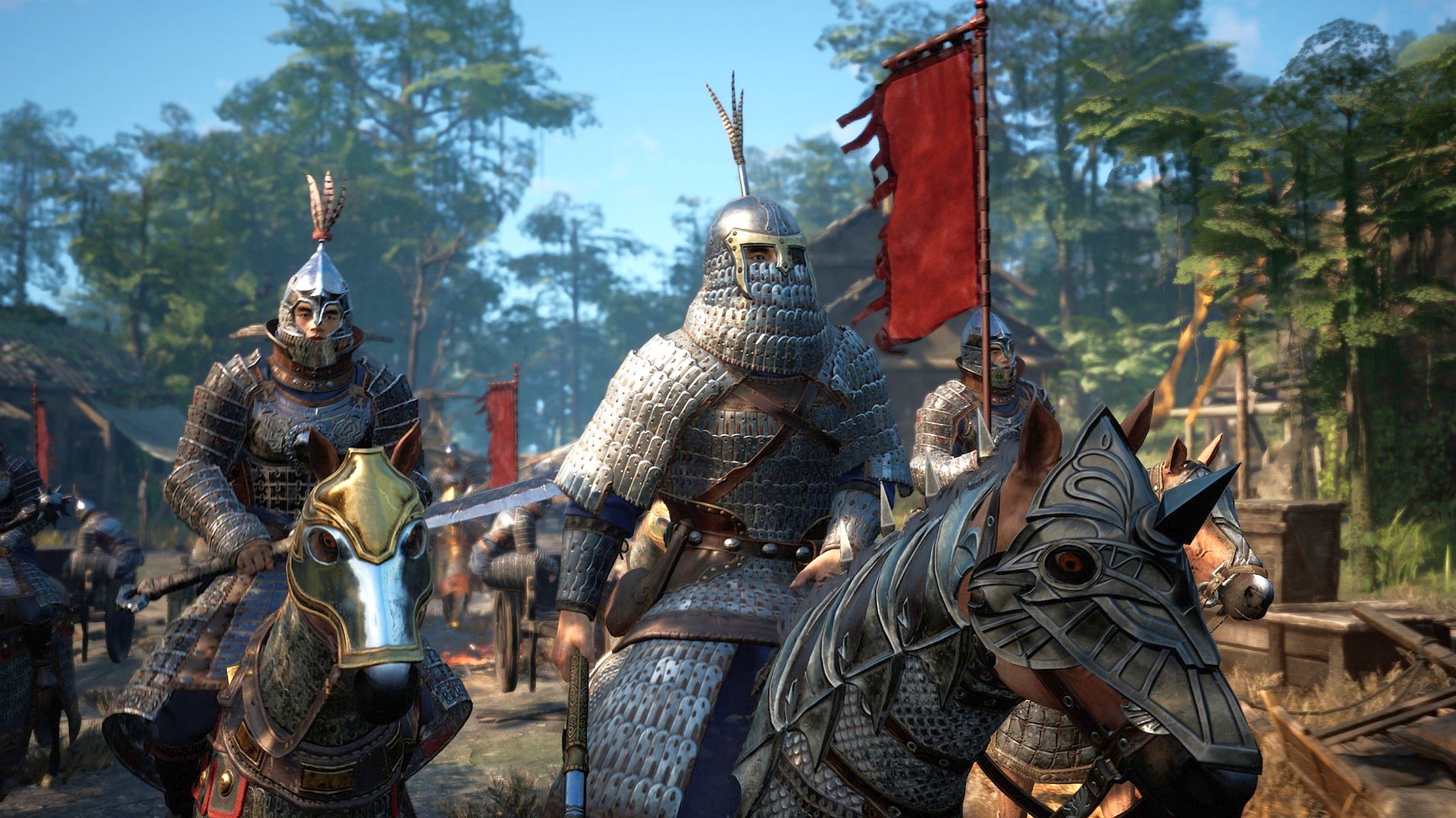 HD wallpaper of armored knights on horseback from the game Myth of Empires, suitable for desktop backgrounds with a medieval theme.