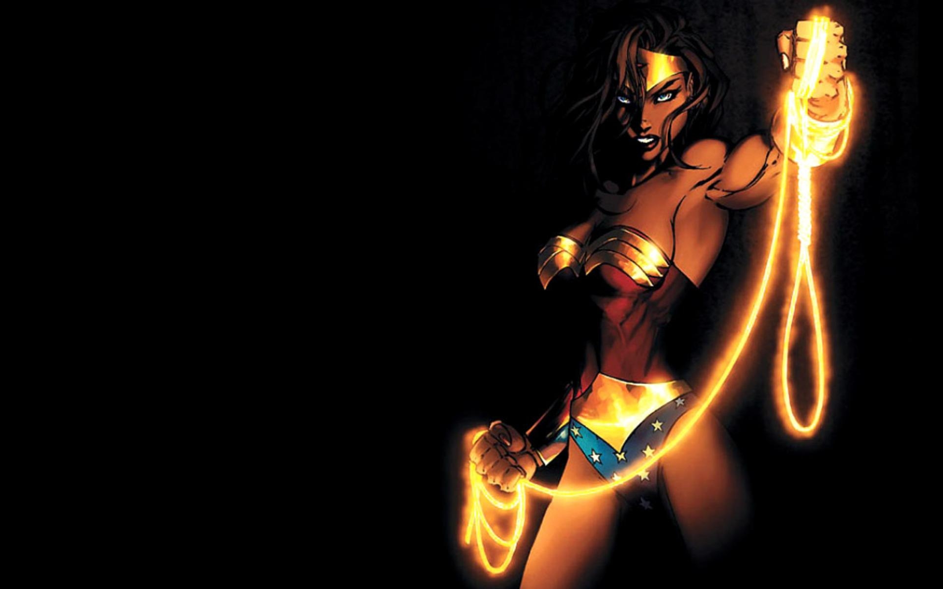 Wonder Woman in action: long black hair, blue eyes, wearing a glowing headdress, belt, bracelet from DC Comics.