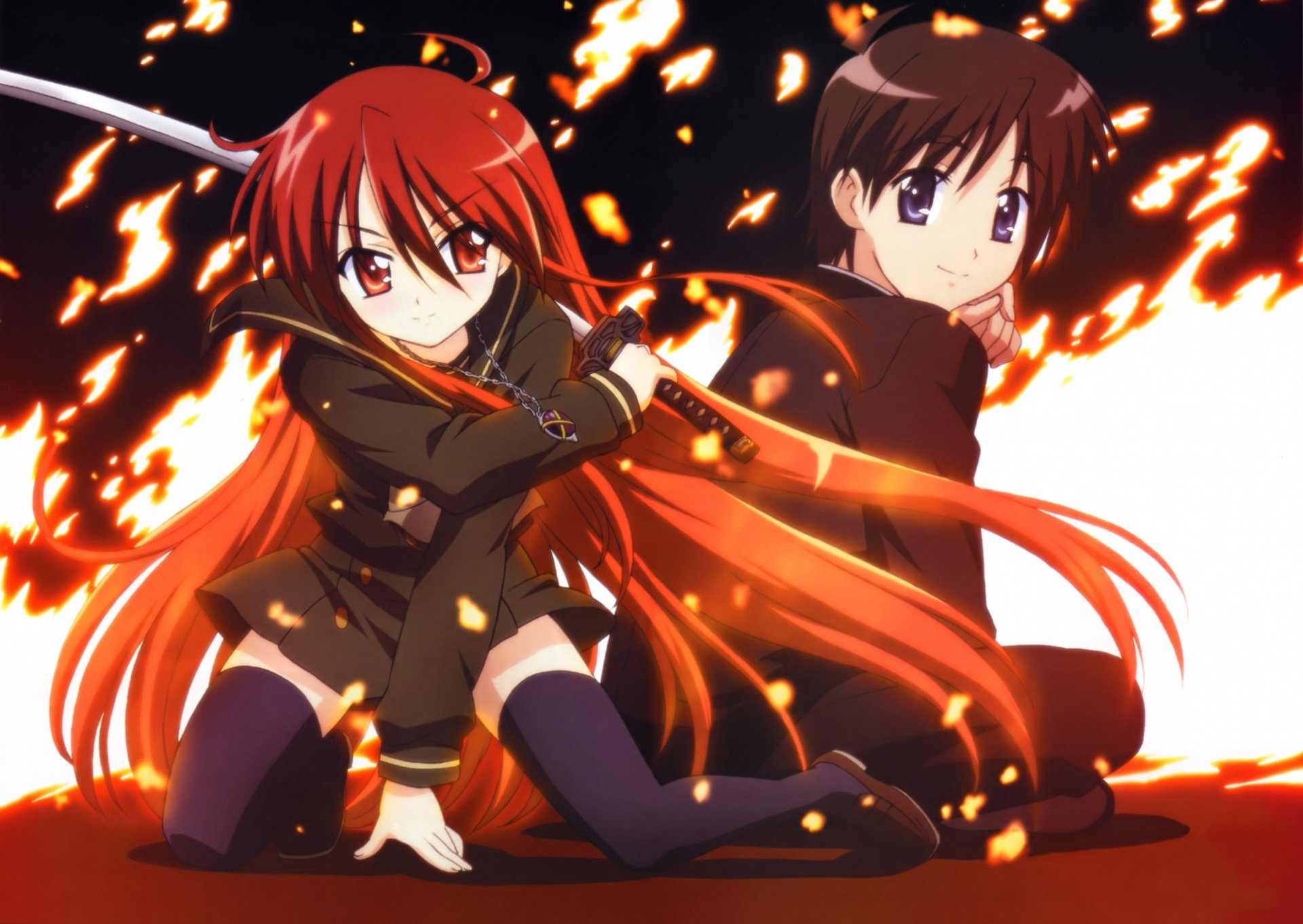 HD anime desktop wallpaper featuring Shakugan No Shana characters with fiery effects, showcasing vibrant colors and dynamic poses against a dark background.