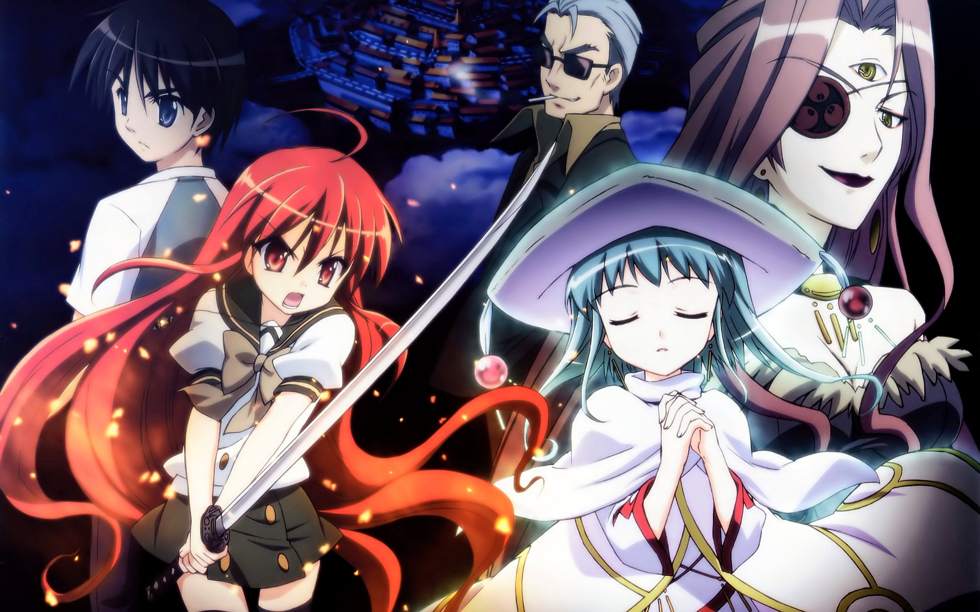 HD anime desktop wallpaper featuring key characters from Shakugan No Shana, showcasing a dynamic and vibrant composition with intense colors and detailed art.