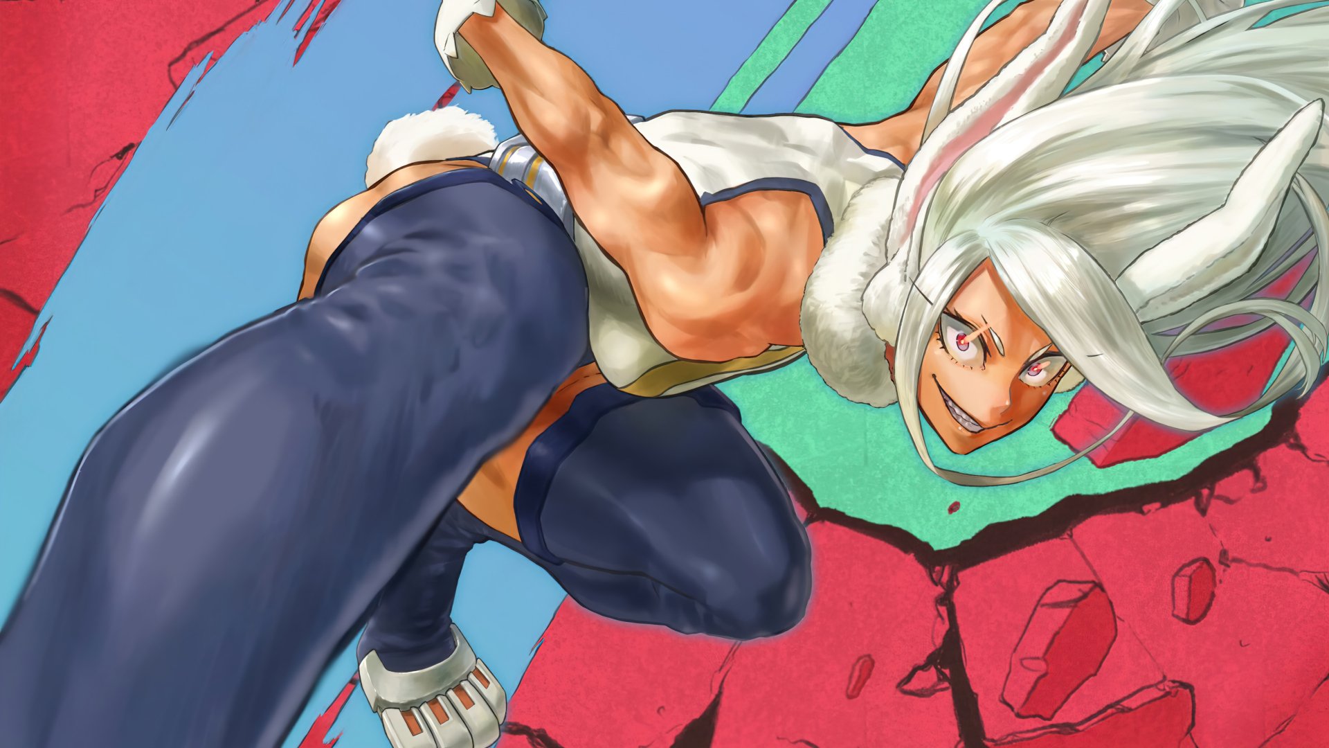 Dynamic 4K Ultra HD anime wallpaper featuring Mirko from My Hero Academia in an action pose against a vibrant, colorful background.