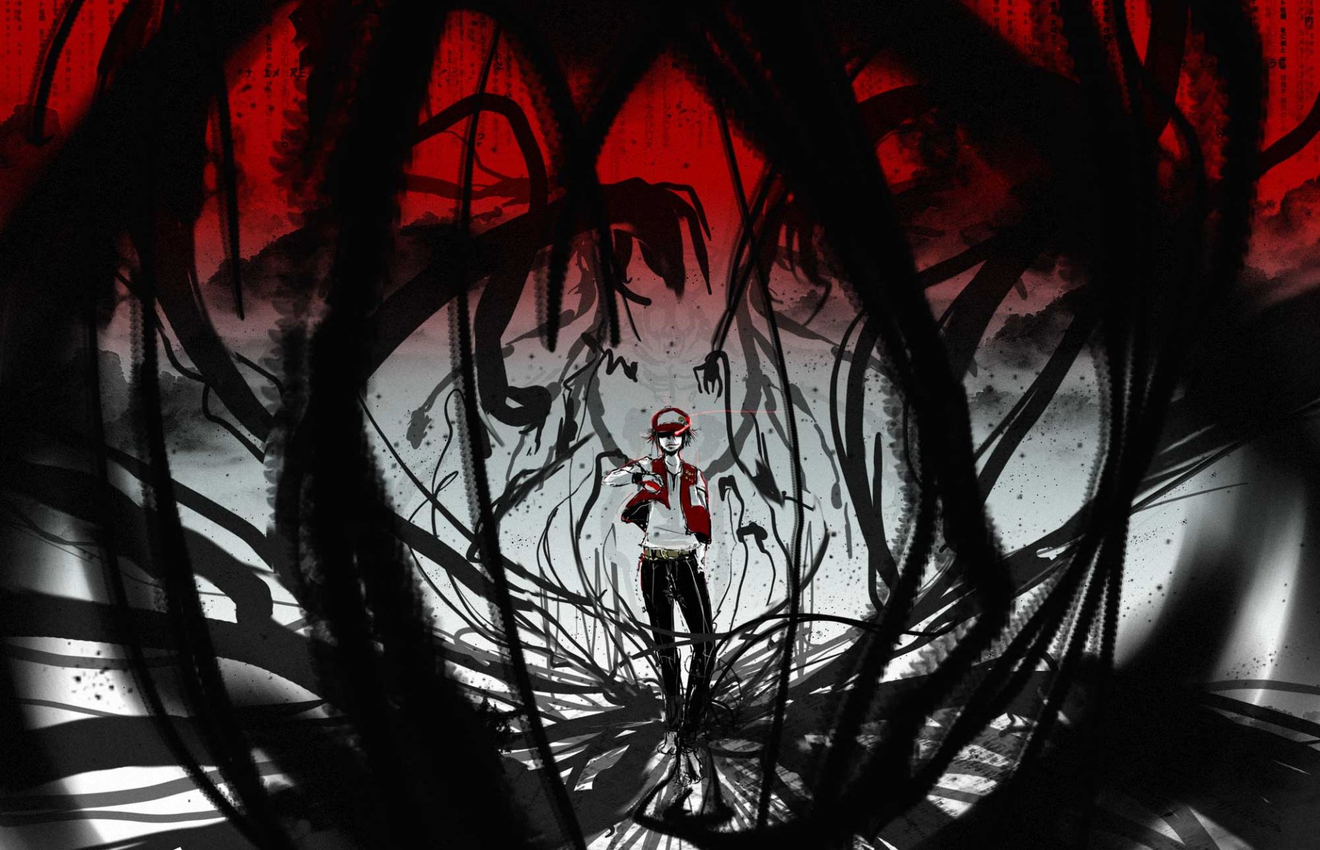 A dramatic HD background featuring Red from Pokémon, surrounded by twisting black forms against a striking red and white backdrop, capturing a dynamic anime-inspired aesthetic.