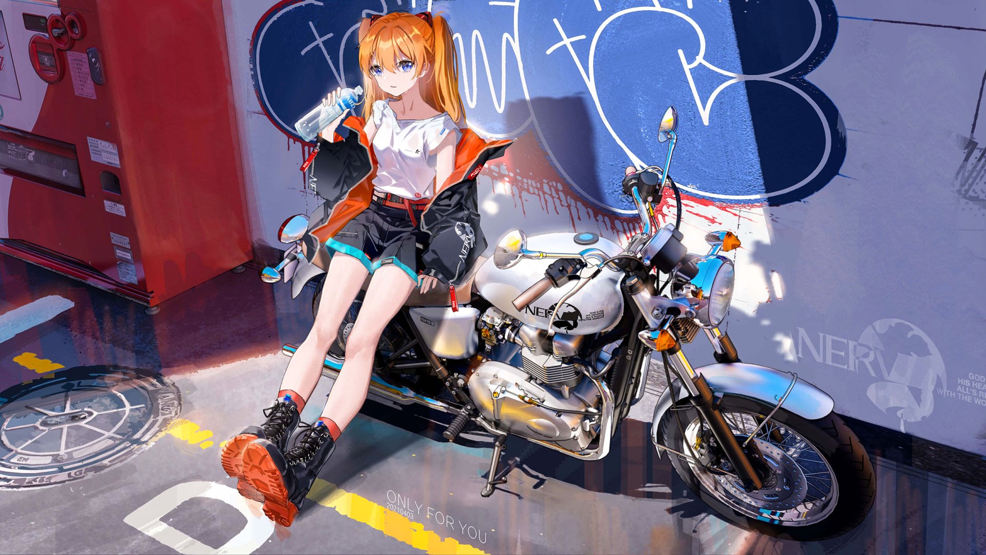 HD anime wallpaper featuring Asuka Langley Sohryu from Neon Genesis Evangelion sitting casually on a motorcycle against an urban graffiti backdrop.