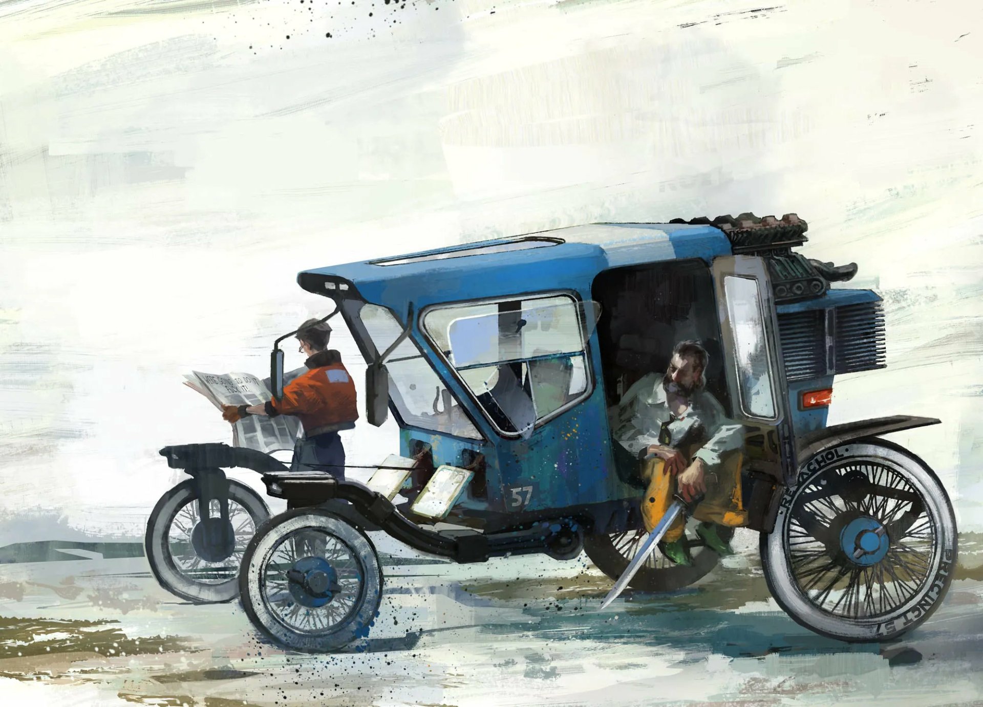 HD PC desktop wallpaper featuring artwork from the video game Disco Elysium, depicting two characters interacting around a unique blue vehicle.