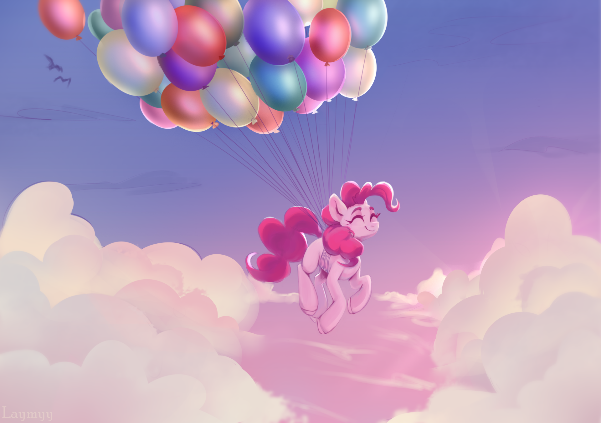 Pinkie Pie from the TV show My Little Pony: Friendship Is Magic floats above pink clouds, held by colorful balloons — 4K Ultra HD PC desktop wallpaper/background.