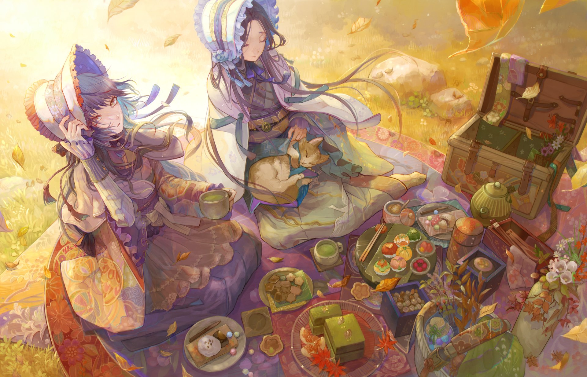 Download Picnic Cat Anime Girl Anime Girl Anime Cat HD Wallpaper