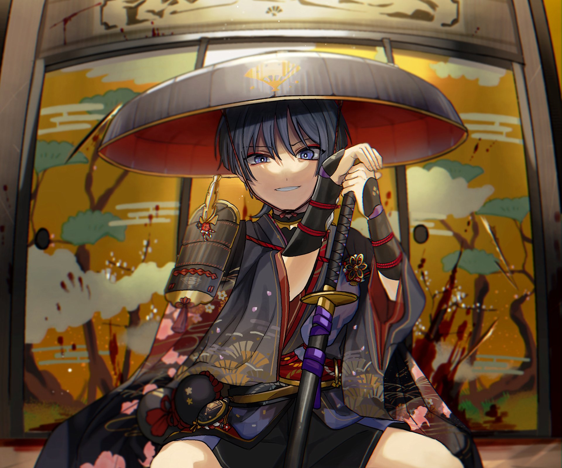 HD PC wallpaper featuring Scaramouche from the video game Genshin Impact, showcasing detailed art with a traditional hat and a vibrant background.