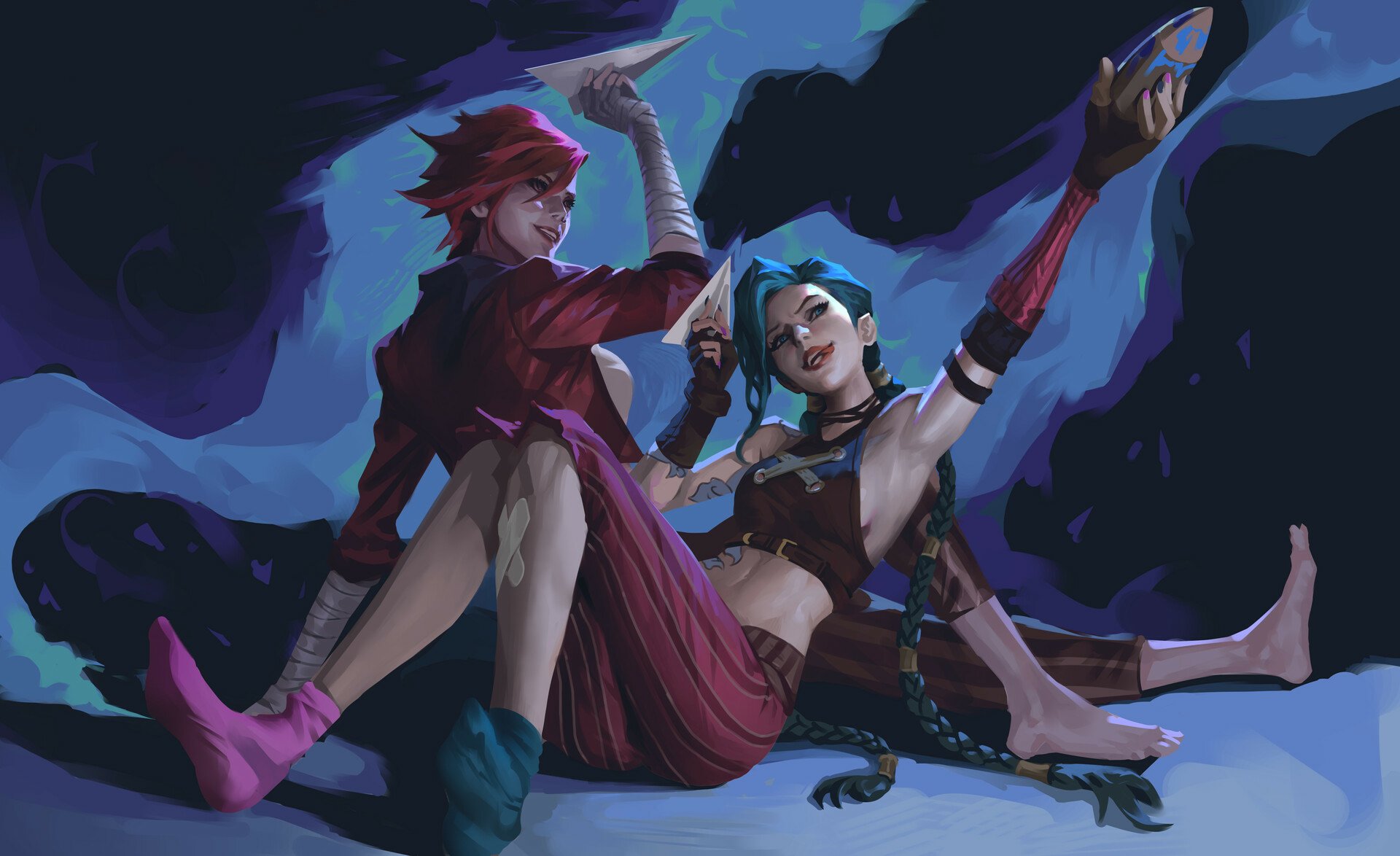 HD desktop wallpaper featuring VI and Jinx from the Arcane TV show, inspired by League of Legends characters in a dynamic and vibrant scene.